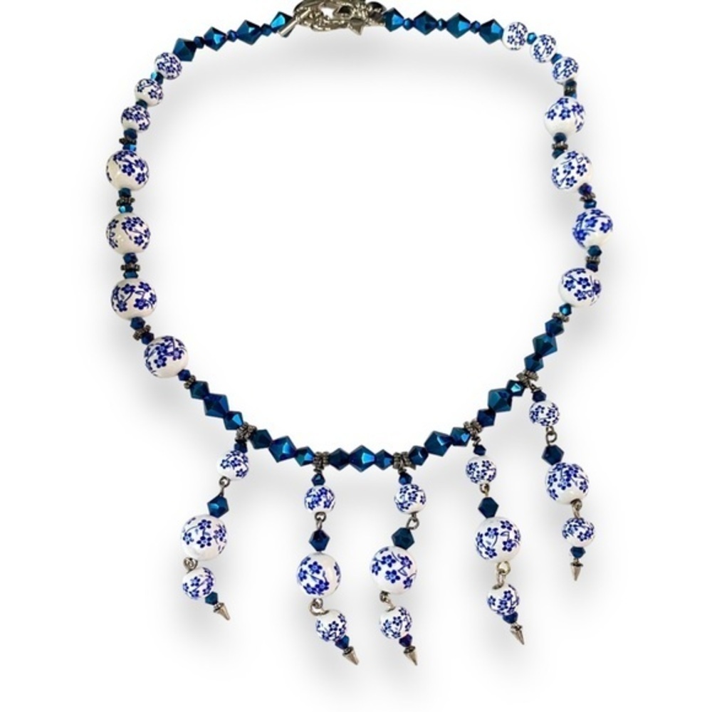 Something Blue Chinioserie Rose Beaded Drop Necklace 18"